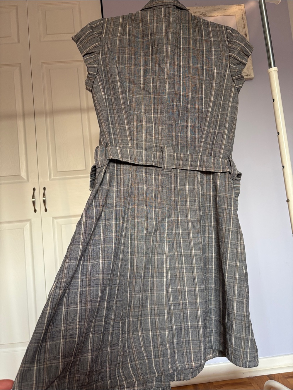 86. PETROV Gray Plaid/Cream Belted Mini Dress, with detailing - Picture 11 of 15